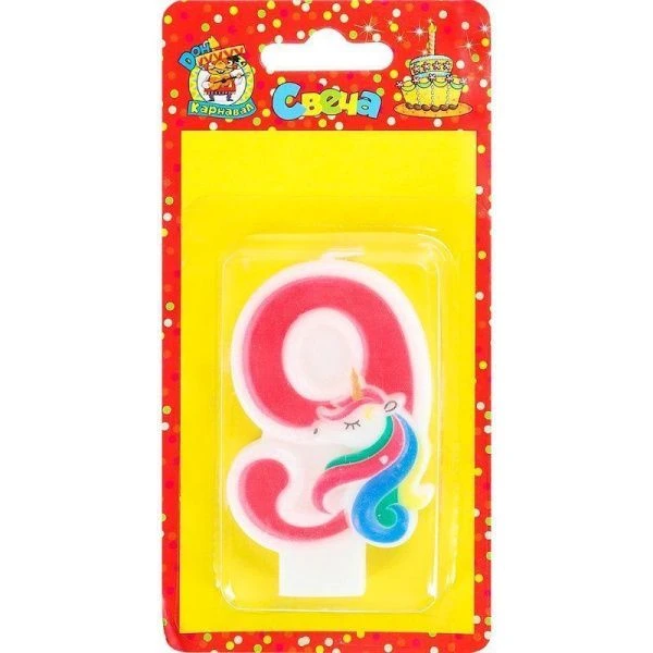 Свеча для торта Милый единорог розовая Цифра 9 С-5943