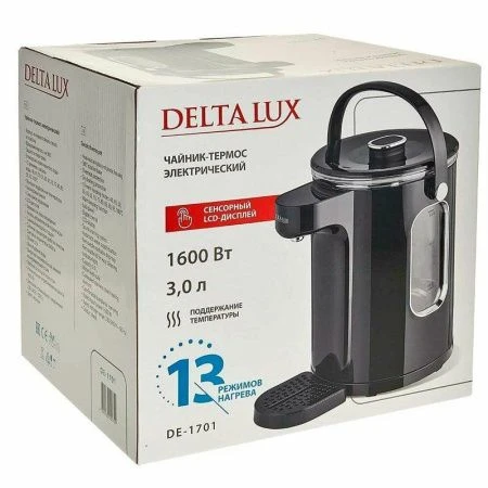 Чайник-термос 3л стекло DЕLTA LUX DE-1701 LCD дисплей, 1600 Вт, 13 режимов поддерж. t, черный  (4)