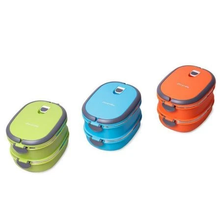 Ланч-бокс 2-х секционный 1,8л 20*14,5*13,5см нерж.сталь/пластик (голубой, салатовый, оранжевый) (36)