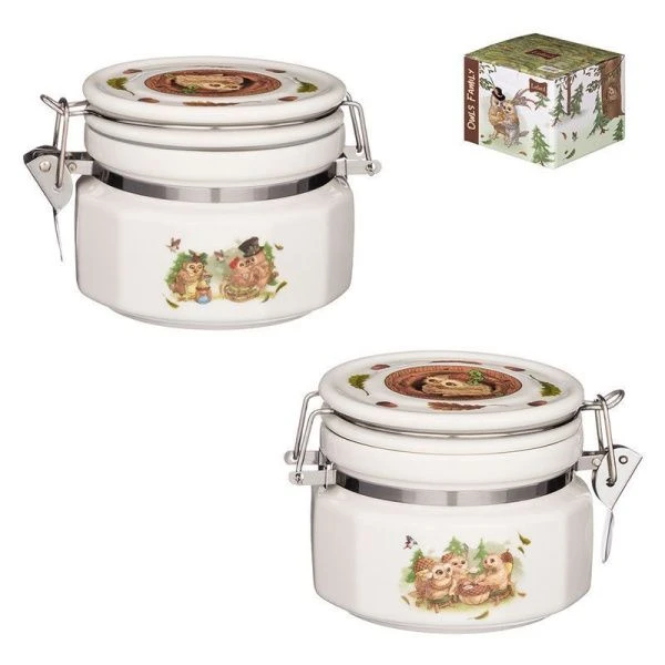 Банка для сыпучих продуктов с клипсой 300мл 8*10см фарфор СОВЫ (24)