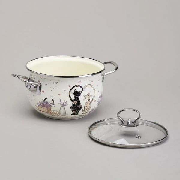Кастрюля 2,8л эмаль Lavander Cats со стекл.крышкой 20см (6)