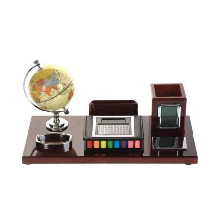 Настольный набор: часы, глобус, визитница, карандашница, калькулятор 42*20*21см металл/дерево (1)