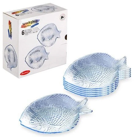 Тарелки мелкие набор 6шт 26см стекло МАРИНА ЛАЙТ БЛЮ для рыбы 26*21см (4)