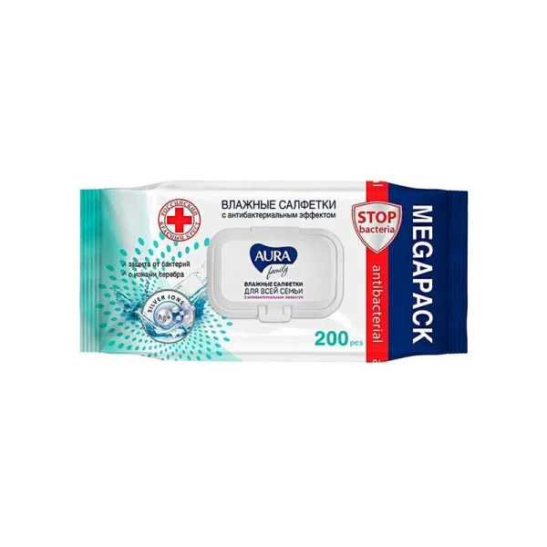 Влажные салфетки АУРА FAMILY 200шт. с крышкой big-pack (12)  33542