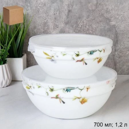 Салатники набор 2пр 0,7/1,2л стеклокерамика РАЙСКИЙ САД с пласт.крышками GRAY-SW2A(7008) (18)