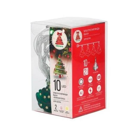 Гирлянда эл 2м с насадками Зеленая елка  , 10LED, шампань, пост.свеч., ПВХ прозр., 2хАА  СНОУ БУМ