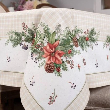 Скатерть новогодняя хлопок/твил 160*220см Celebration бежевый клетка