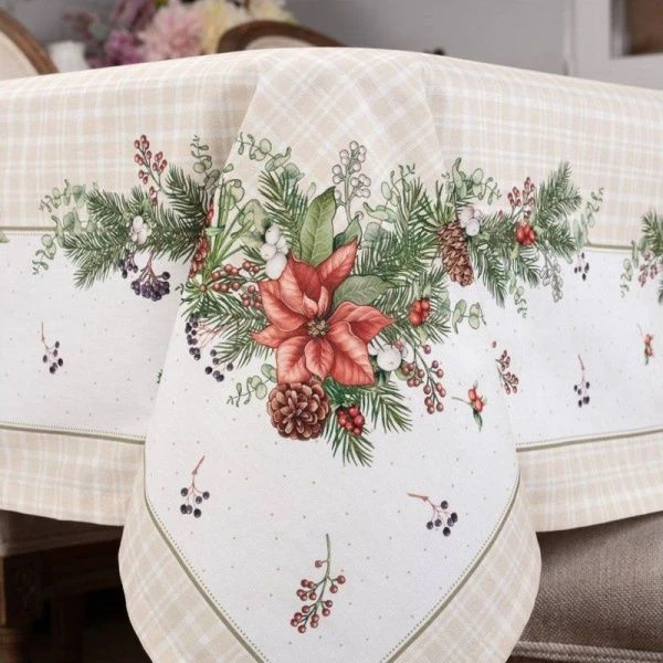 Скатерть новогодняя хлопок/твил 160*220см Celebration бежевый клетка