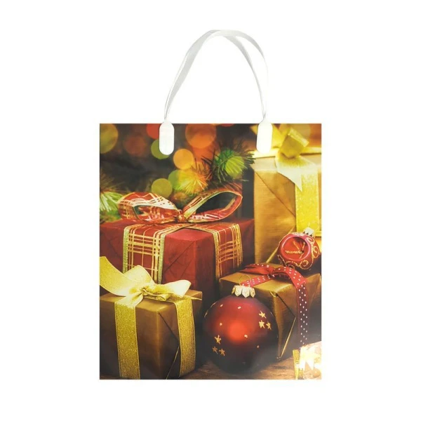 Пакет новогодний с пластиковой ручкой полиэтилен 23*26*10см Подарки 12/X123 (12/144)