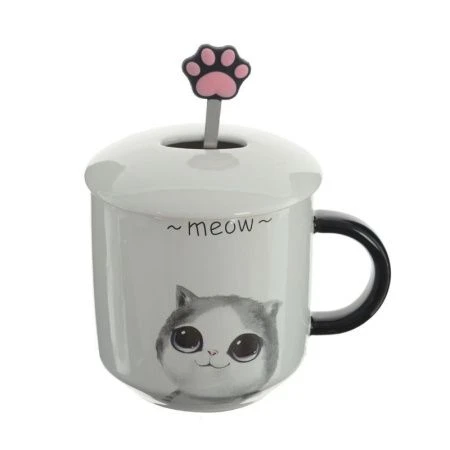 Кружка 400мл фарфор с крышкой мет.ложкой Мяу 4 вида подар.уп. (60)