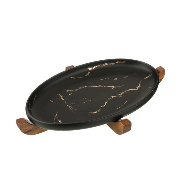 Блюдо 30,8*18,7*3см фарфор Золотой мрамор черный на дер.подставке (12)