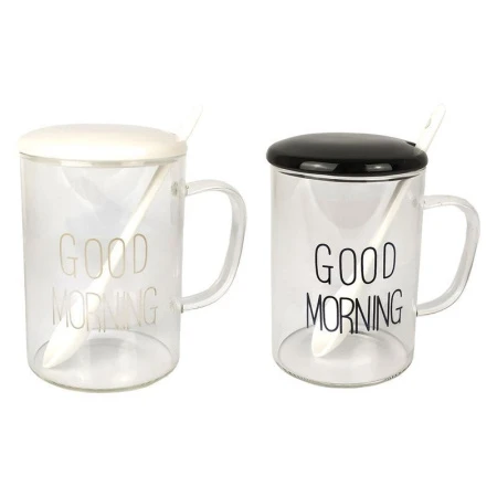 Кружка 350мл стекло с крышкой и ложкой ДОБРОЕ УТРО 2 вида подар.уп JC-11377 (60)