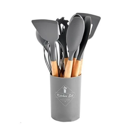 Набор кухонных принадлежностей 12пр силикон/дерево в подставке темно-серый KNA-139 (16)