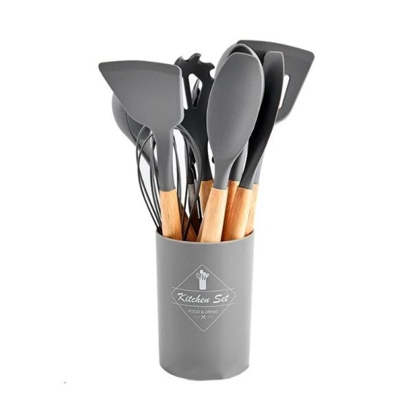 Набор кухонных принадлежностей 12пр силикон/дерево в подставке темно-серый KNA-139 (16)