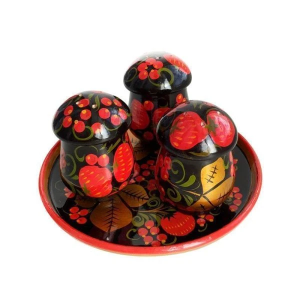 Набор для специй 3пр дерево с хохломской росписью Грибы