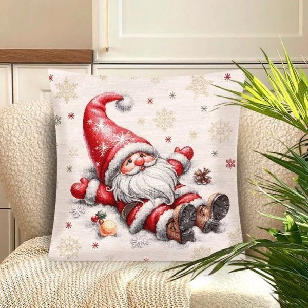 Наволочка декоративная новогодняя 44*44см гобелен ГНОМЫ Поваляться в снегу серебряный люрекс