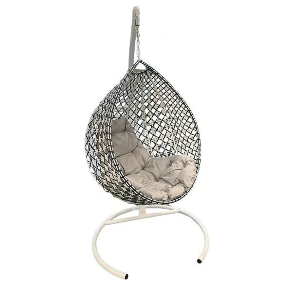 Кресло подвесное Капля ЛЮКС металл двухцв. бел/черн с ротанг.,сер подуш. 98*72*186см(max нагр.120кг)