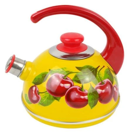 Чайник со свистком 2,5л эмаль ВИШНЕВЫЙ САД желтый конс.ручка красная декор нерж (4)