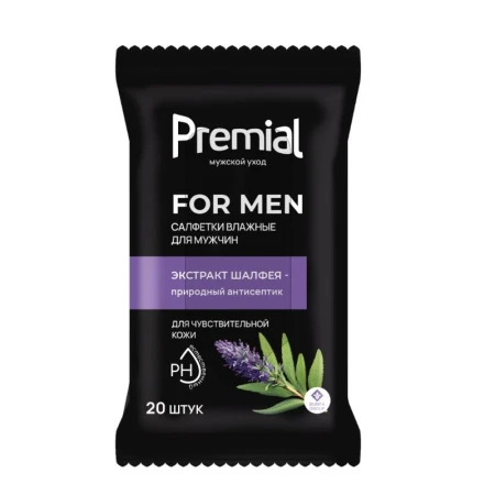Влажные салфетки PREMIAL для интимной гигиены, мужские с экстрактом шалфея 20шт (24)