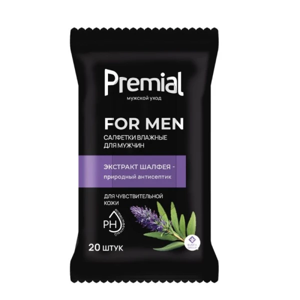 Влажные салфетки PREMIAL для интимной гигиены, мужские с экстрактом шалфея 20шт (24)