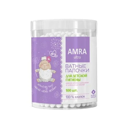 Ватные палочки хлопок/пластик  AMRA 100шт для детской гигиены цилиндр (24)