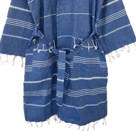 Халат пештемаль 100% хлопок с капюшоном SULTAN S синий