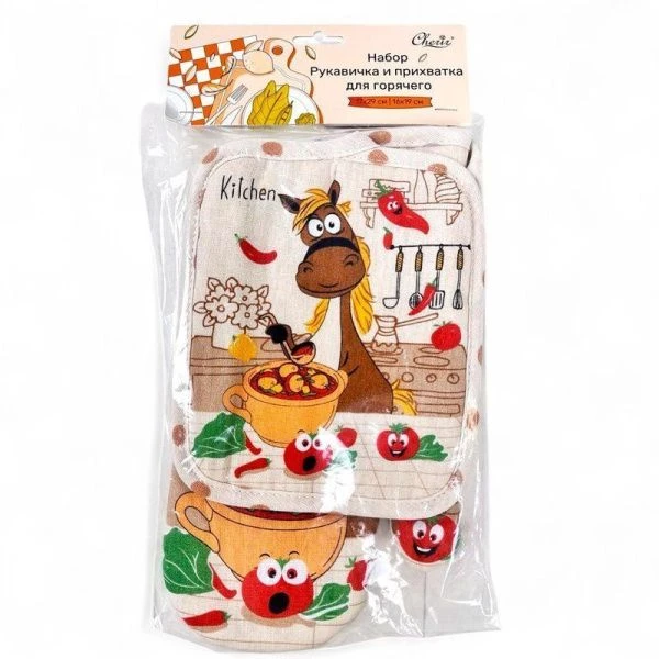 Кухонный набор 2пр 95%хлопок/5%полиэстер (прихватка 16*19, рукавица 17*29) Веселые помидорки PG-426