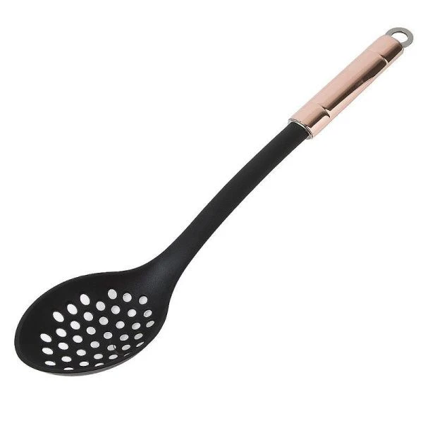 Ложка кулинарная 35*6,5*1,5см нейлон МЕДЬ с прорезями ручка нерж.сталь (72)