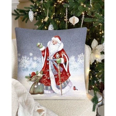 Наволочка декоративная новогодняя 45*45см гобелен МОРОЗКО дарит подарки серебряный люрекс