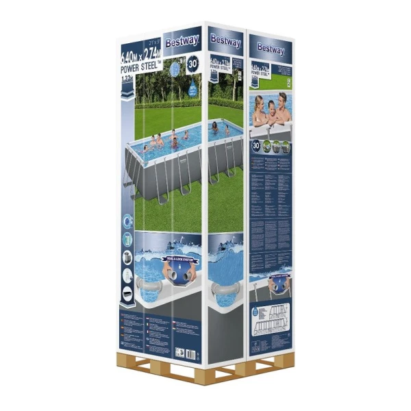 Бассейн каркасный прямоугольный ПВХ Power Steel 640*274*132см 19281л+фильтр-насос, лестница, тент