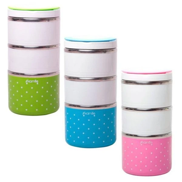 Ланч-бокс 3-х секционный 1480мл 11*23,5см нерж.сталь/пластик (голубой, салатовый, розовый), арт. 210