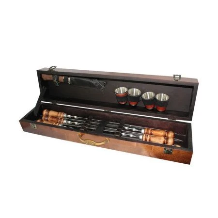 Набор походный (шампура 6шт, стопки 4шт, нож) нерж.сталь в дерев. ящике малый 2К-304 (1)