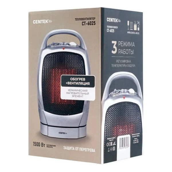 Тепловентилятор пластик Centek CT-6025 керам.нагреватель 750/1500Вт, обогрев/вентиляция, автовращени