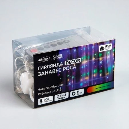 Гирлянда светодиодная Занавес Роса 2,8*3м USB, крючки, пульт, мульти свет