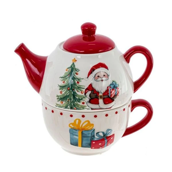 Чайный набор керамика 2пр (чайник 500мл, чашка 380мл) Новогодний подарок 17,5*10*17см (24)