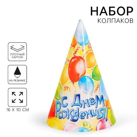 Колпак бумажный (набор 10шт. 16см) С Днем Рождения шары