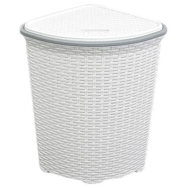 Корзина для белья 60л пластик РОТАНГ белая угловая с крышкой (5/8)