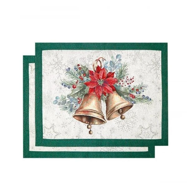 Салфетки новогодние набор 2шт 35*45см гобелен КОЛОКОЛЬЧИКИ зеленый бордюр золотой люрекс
