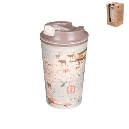 Термостакан 350мл пластик с клапаном Карта светло-бежевый (6)