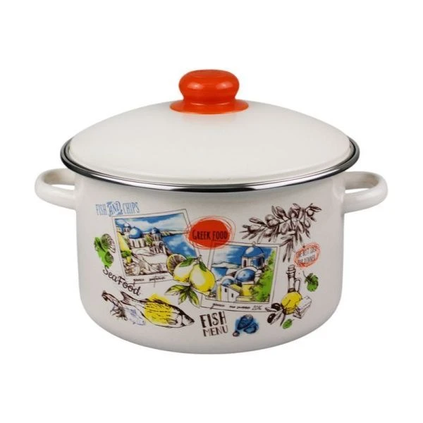 Кастрюля 4л эмаль ГРЕЧЕСКАЯ КУХНЯ бисквит с рис. 33-Б1614/4 (4)