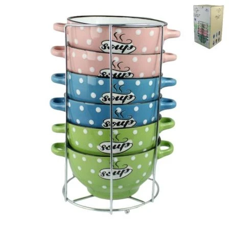 Бульонницы набор 6шт 650мл керамика ГОРОШЕК на мет.подставке (4)