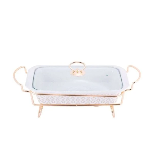 Мармит 1,3л 30,5*19*6см керамика прямоугольный (2 свечи стекл.крышка, мет.подтавка) арт.6416 (4)