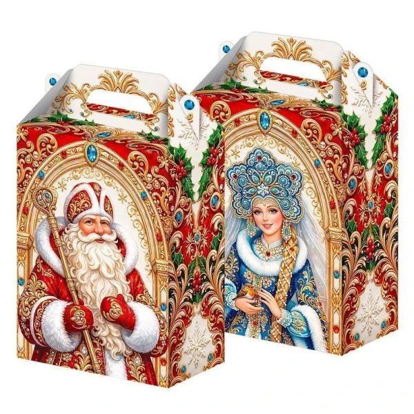 Коробка новогодняя картонная 14*80*19,5см 1,0кг Сказочный Дуэт с тиснением (150)