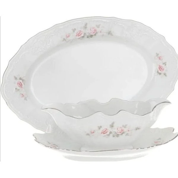 Столовый набор 25пр фарфор СЕРАЯ РОЗА Бернадотт платина (1)