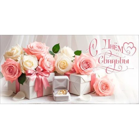 Конверт для денег 16,8*8,4см С Днём Свадьбы! (коробки с лентами, розы, кольца) (10)