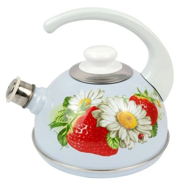 Чайник со свистком 2,5л эмаль КЛУБНИКА С РОМАШКОЙ серо-голубой конс.ручка белая декор нерж (4)