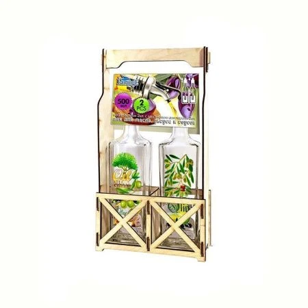 Бутылки для масла набор 2пр 500мл стекло с пласт.дозатором на деревянной подставке (5)