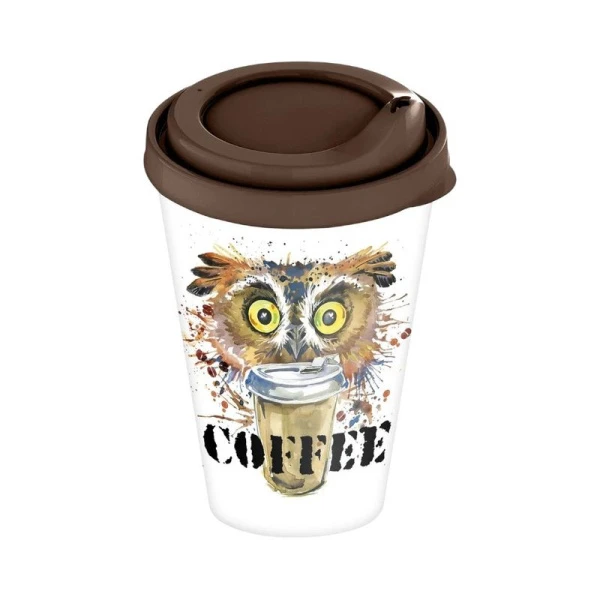 Стакан 420мл пластик с клапаном с декором Cats and owls темно-коричневый с крышкой (24) 223105924/01
