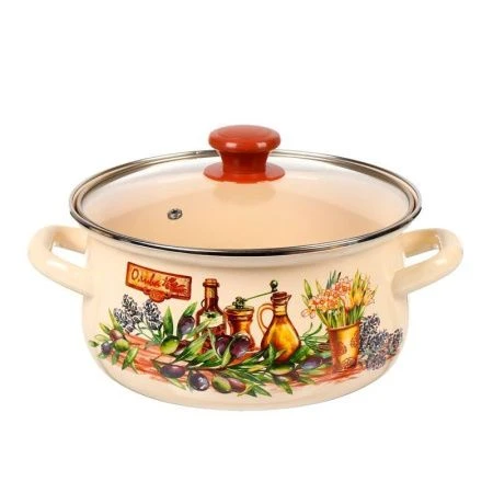 Кастрюля 3л эмаль ИТАЛИКА со стекл.крышкой слон.кость с рис. сферическая 61904-122/4.02-У (4)