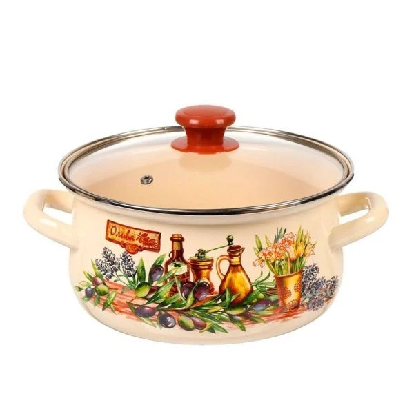 Кастрюля 3л эмаль ИТАЛИКА со стекл.крышкой слон.кость с рис. сферическая 61904-122/4.02-У (4)